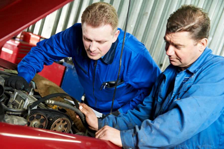 Two mechanics doing annual vehicle inspection