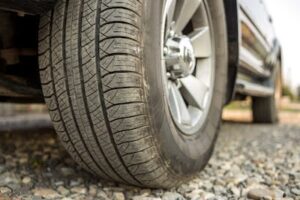 close-up of car tire on the road